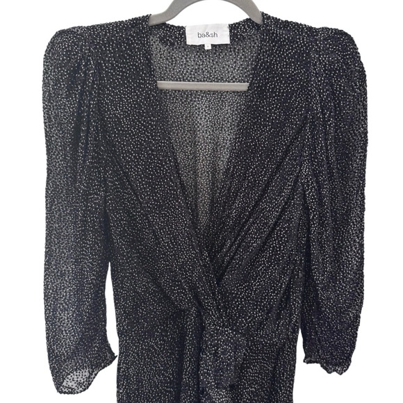 ba&sh Celia Velvet Dot 3/4-Sleeve Ruffle Cocktail Dress in Black Size M - Picture 4 of 14